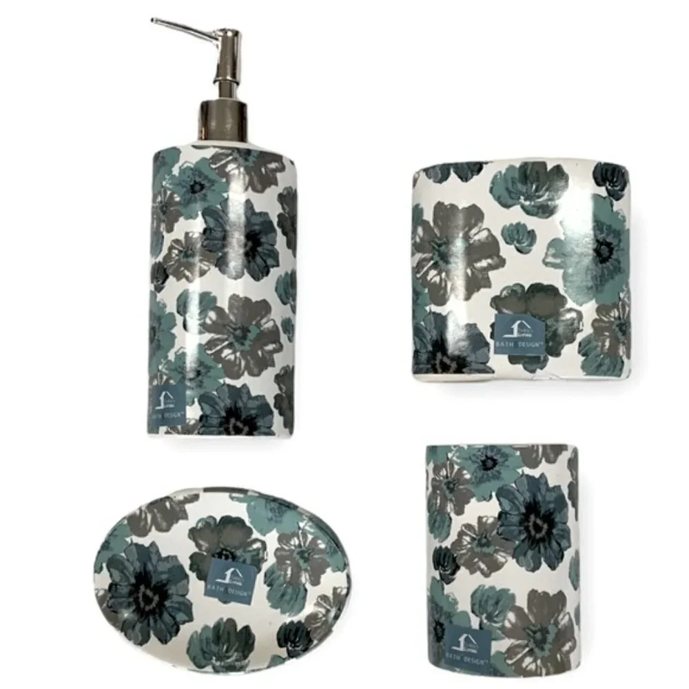Floral Bath  Accessory Ceramic Set Sun Splash Collection White Blue 4 Piece Set